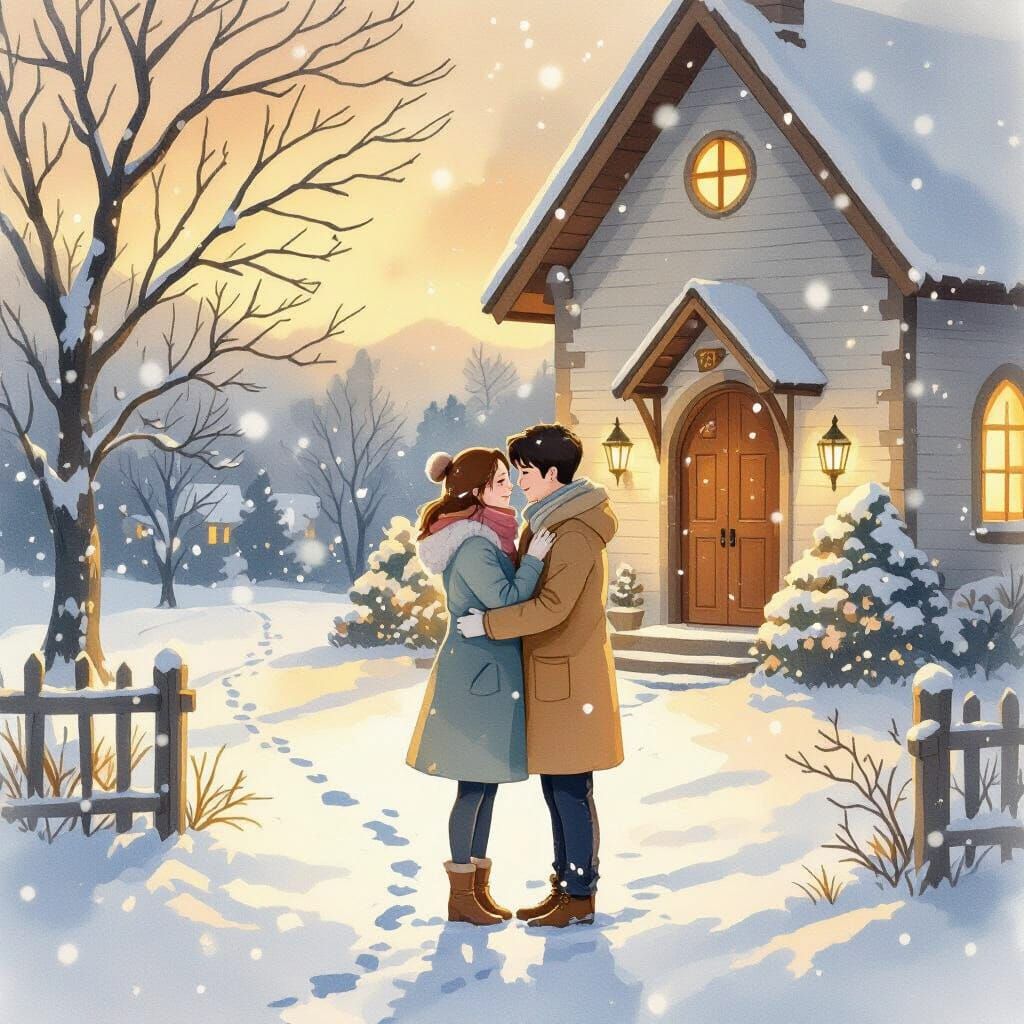 Couple Embrace Under Snowfall: Korean Watercolor Painting