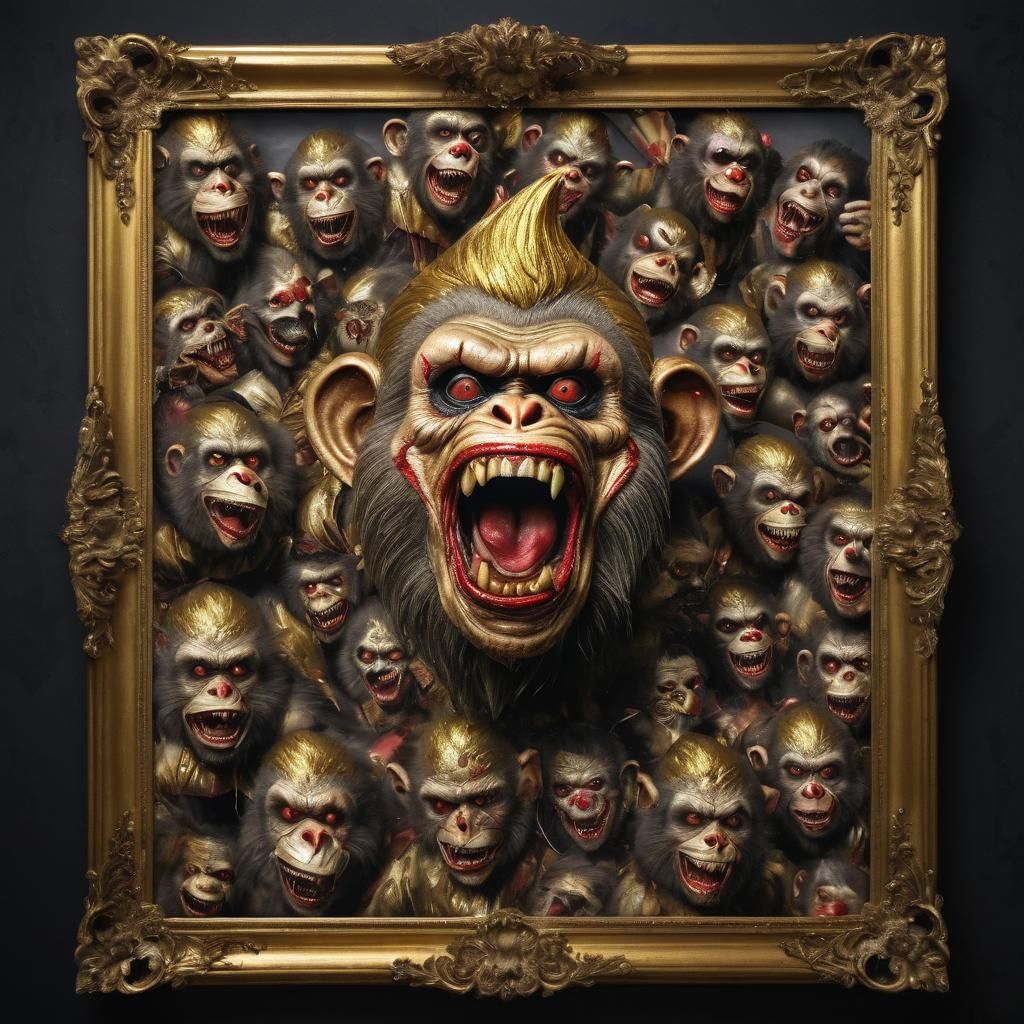 Zombie Monkey Monster Clowns in Gold Frame