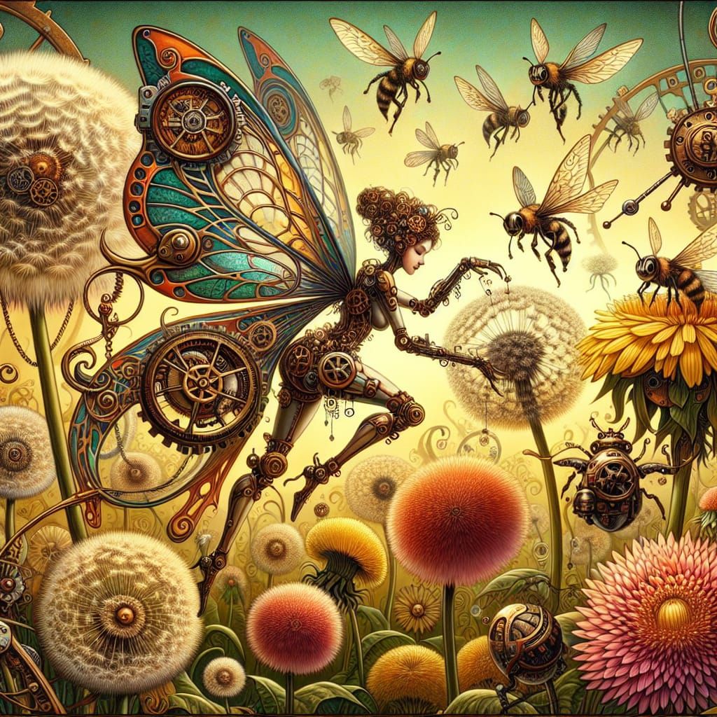 Steampunk Fairy with Clockwork Wings in Art Nouveau Style