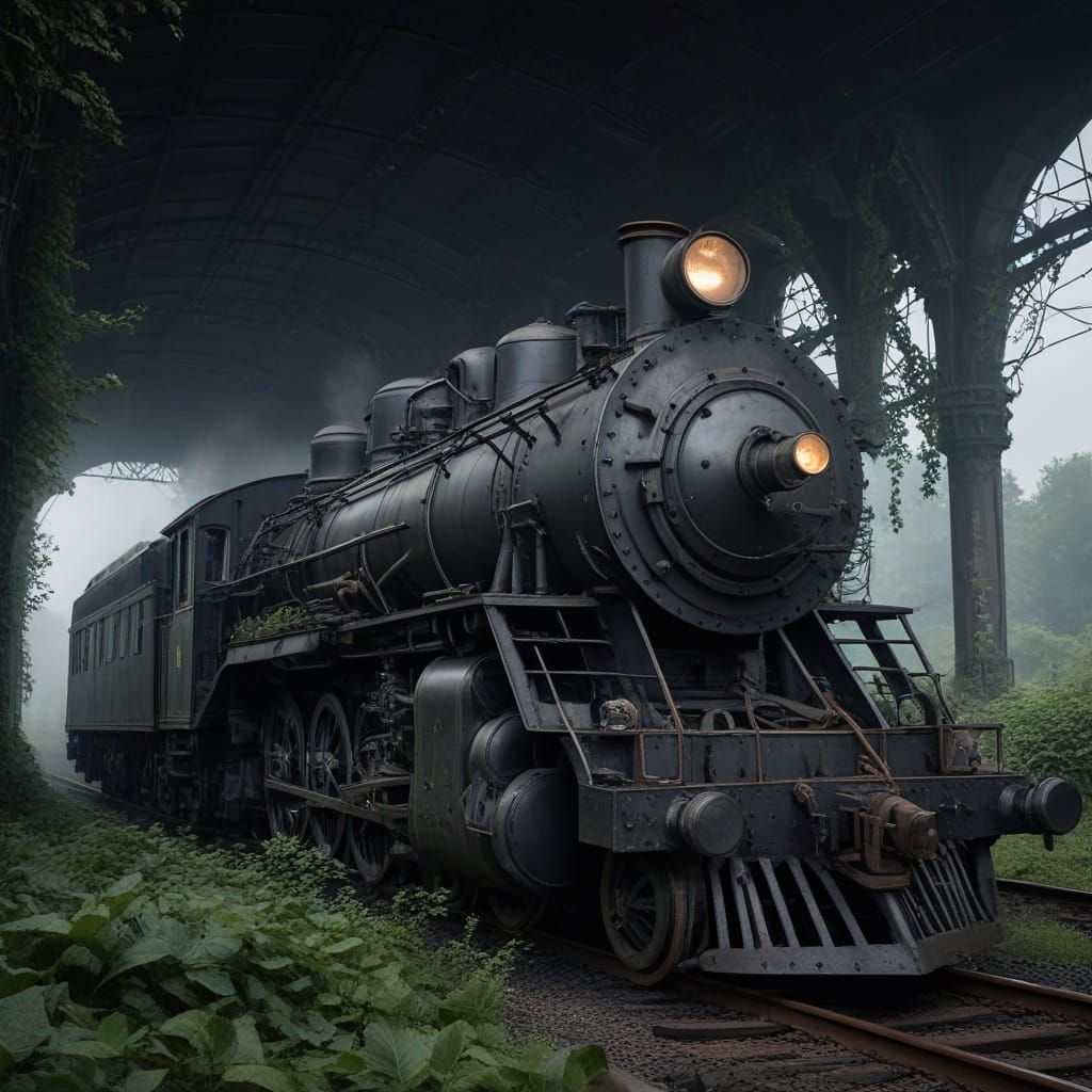 Colossal Biomechanical Steam Train in Overgrown City