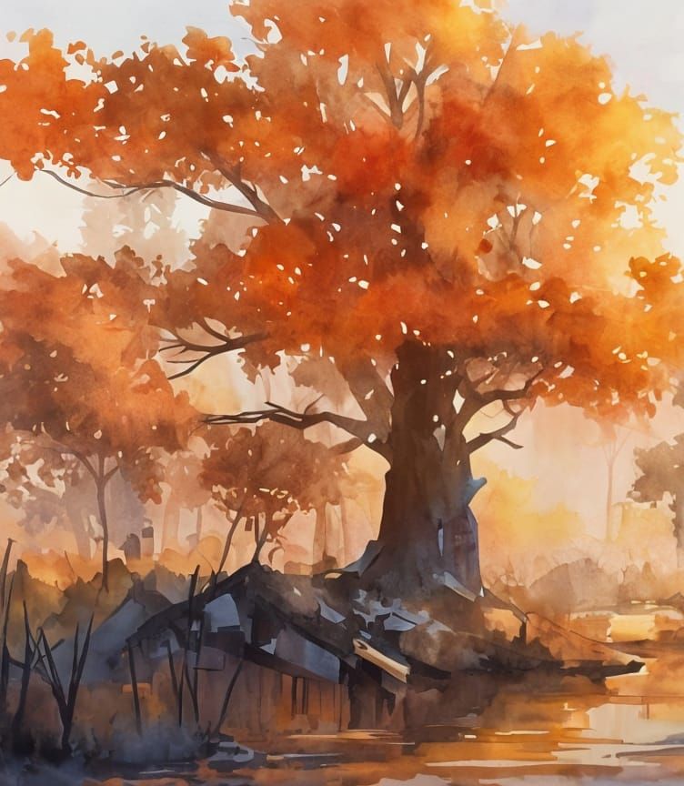 Whimsical Sunset Cabin in Watercolor