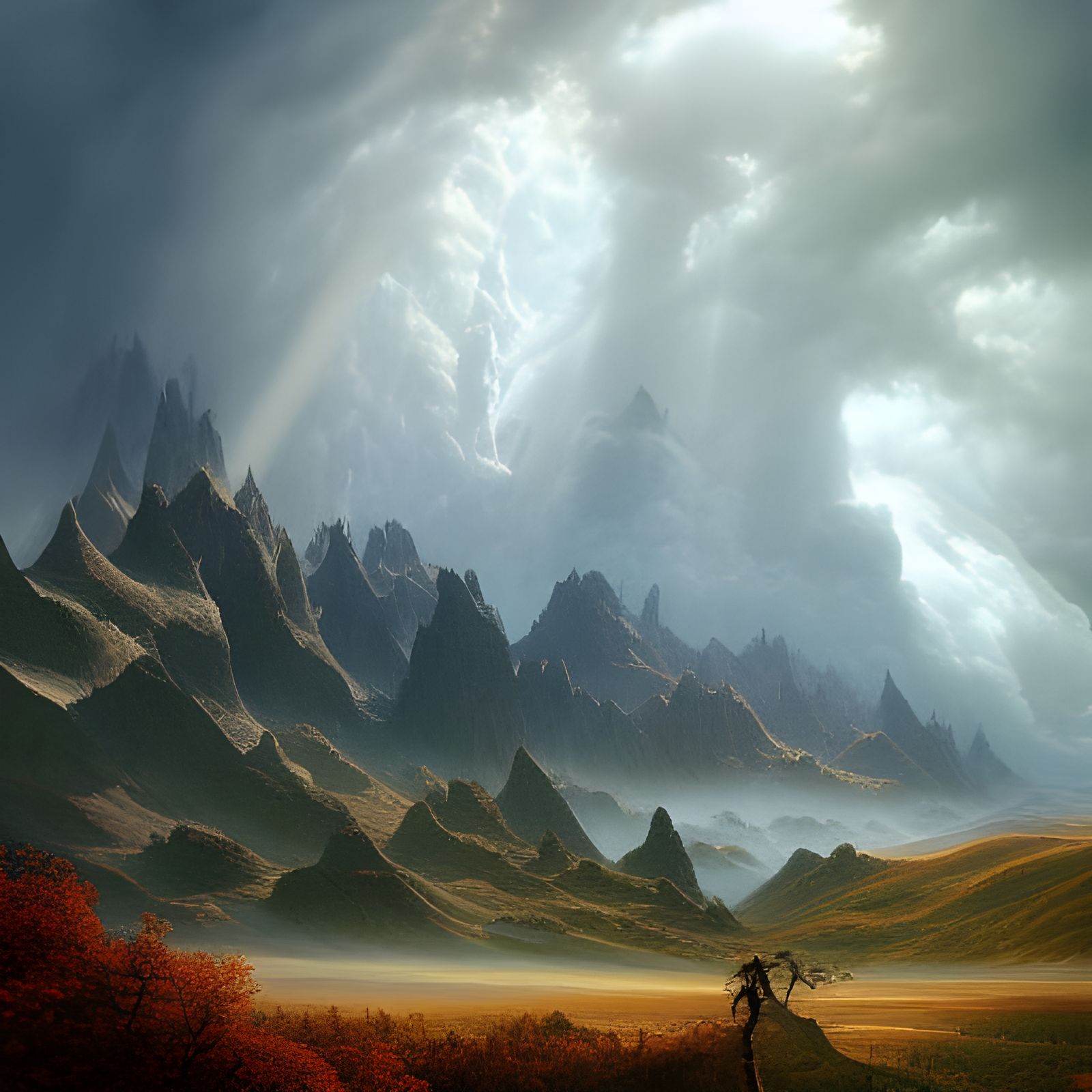 Breathtaking Mountain Vista with God Rays in Surreal Style