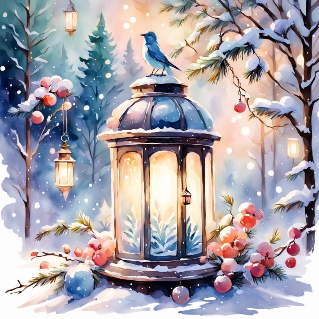 Whimsical Watercolor Christmas Lantern with Bird