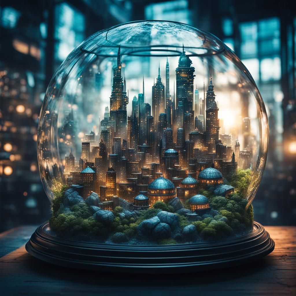 Cyberpunk City Inside Glass Terrarium: Elaborate Ink Illustr...