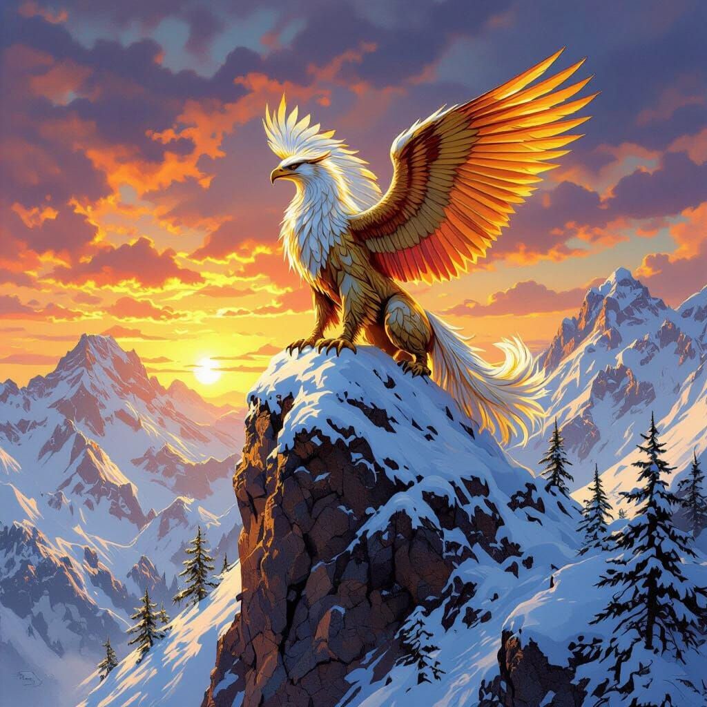 Majestic Griffin on Snow-Capped Peak at Sunset