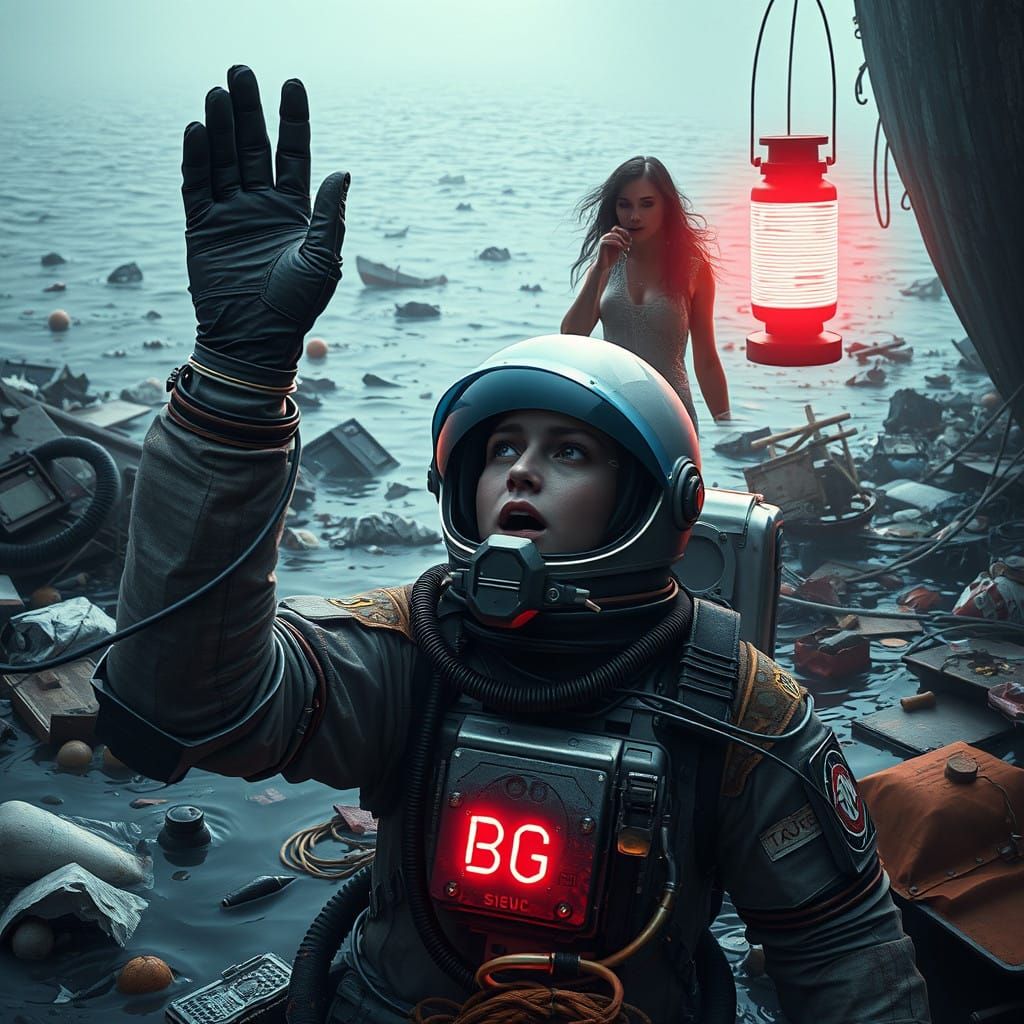Astronaut in Distress Among Floating Trash, Mysterious Woman...