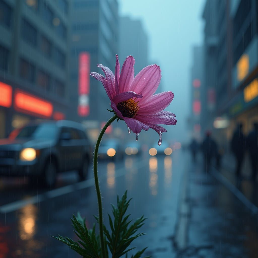 Flower in Rainy City Street: Digital Painting