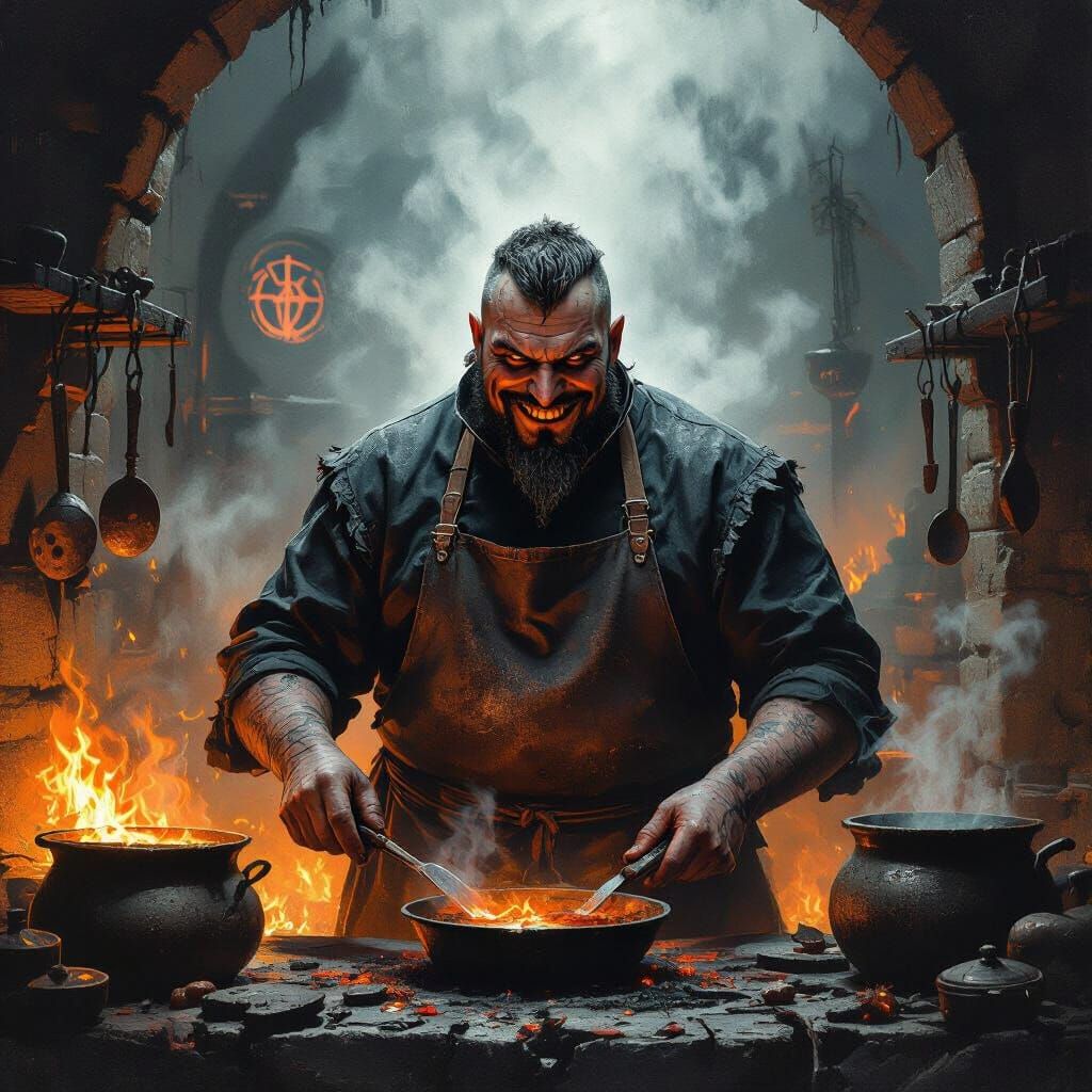 Grim Chef in Fiery Hellish Kitchen Oil Painting