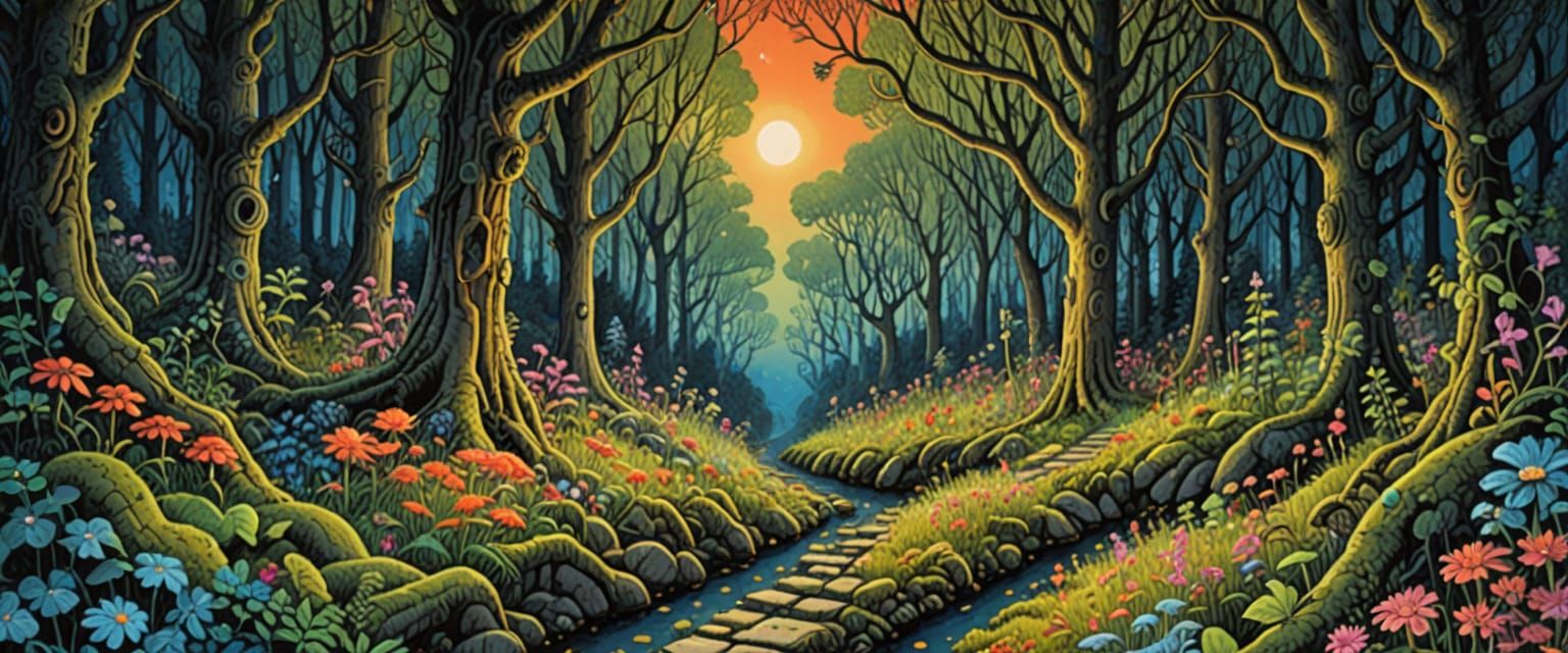 Magical Forest Path with Woodland Creatures in Pastel Hues