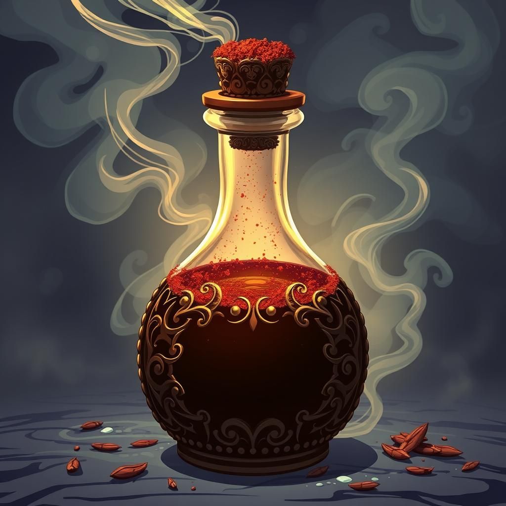 Dark brown and giving off plumes of smoke, contained in a vi...