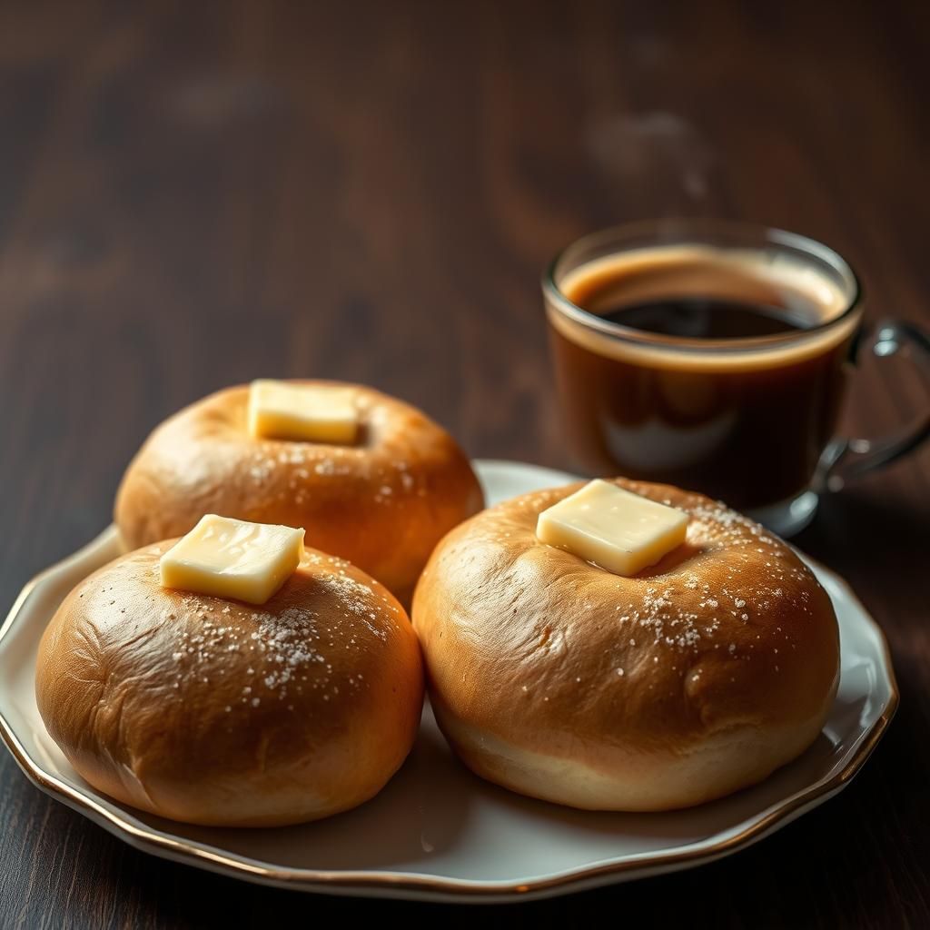 Delicious Buns with Butter and Latte, Food Photography