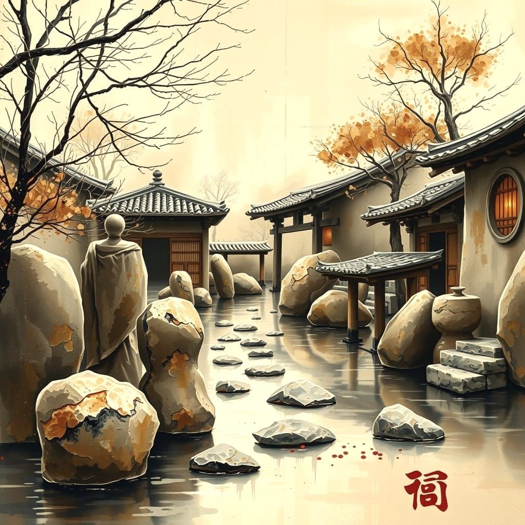 Impasto Japanese Stone Garden in Earthy Tones