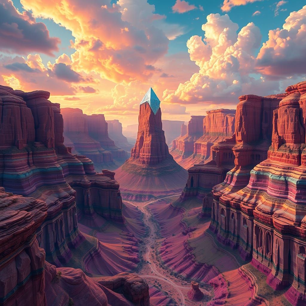 Psychedelic Mesa with Diamond Monolith: Hyper-Realistic Ston...