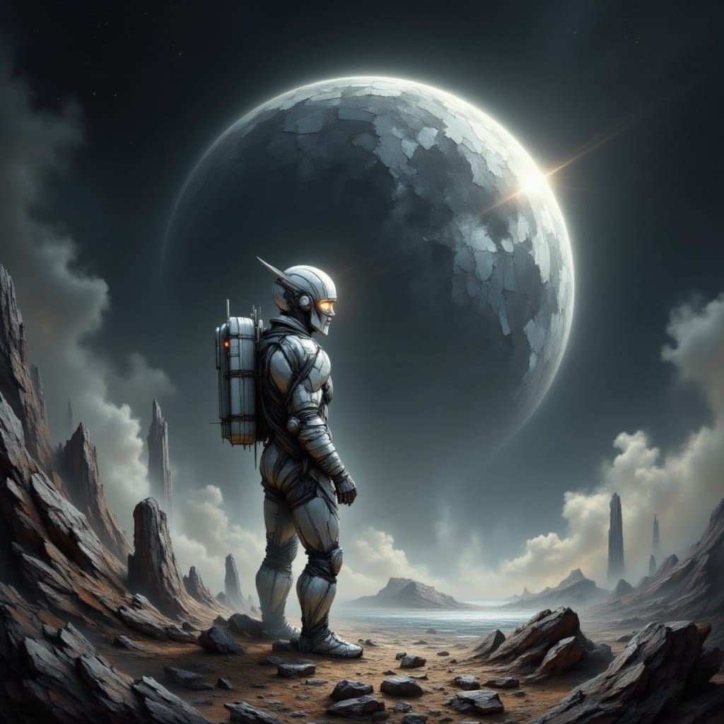 Astronaut Gazes at Alien Planet Rings