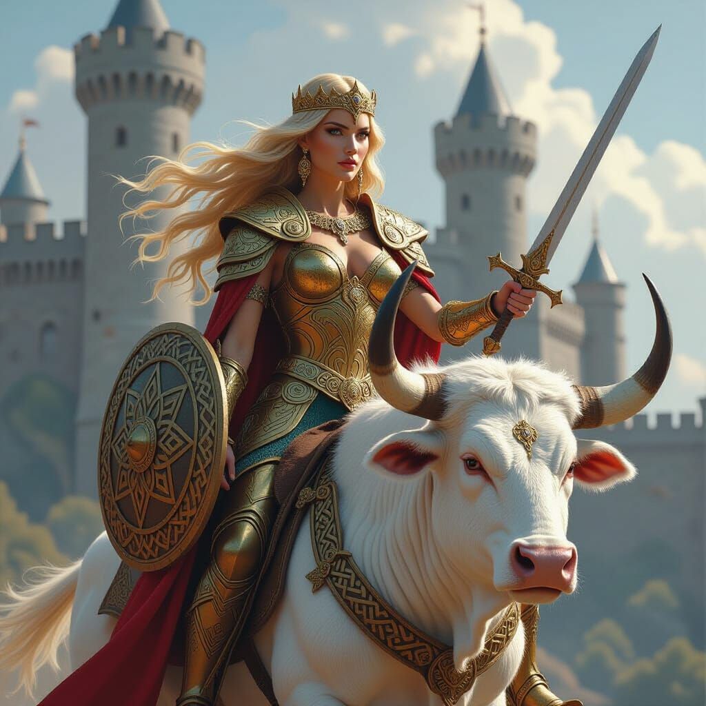 Warrior Queen on Horned Bull, Matte Painting Style