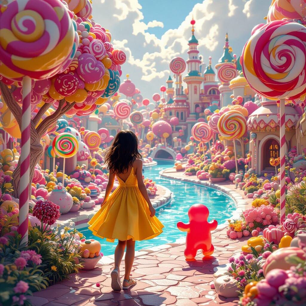 Girl Explores Candy World as Digital Art