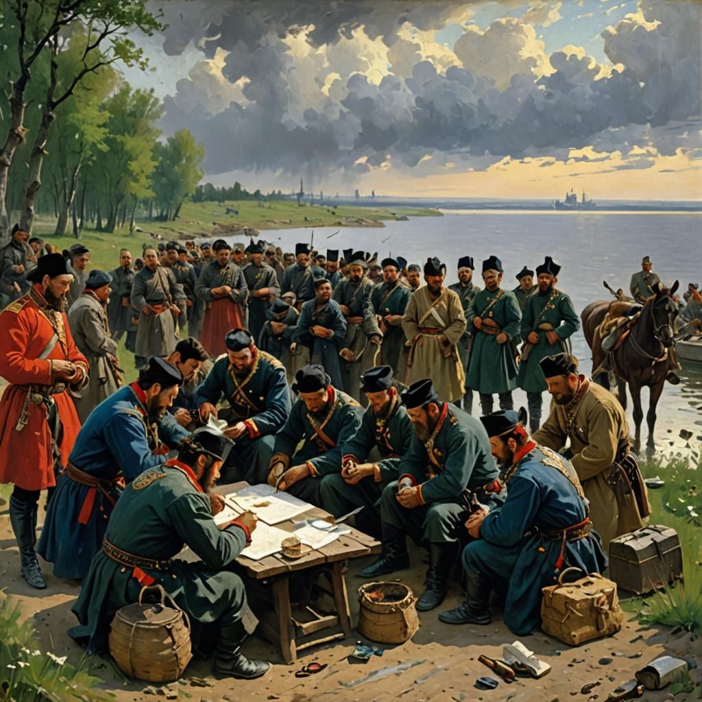 Cossacks Writing a Letter, in the Style of 19th Century Real...