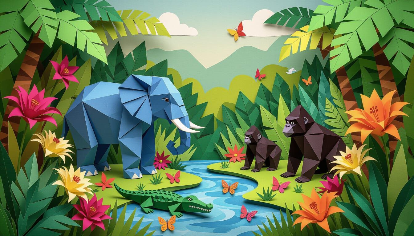 African Origami Garden Paradise with Paper Wildlife