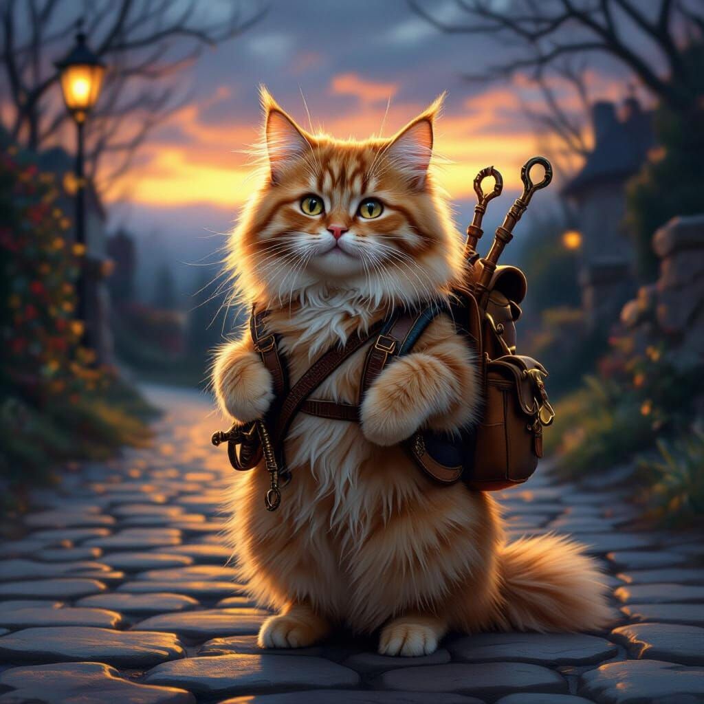 Fluffy Ginger Cat with Snake Hooks in Twilight Glow