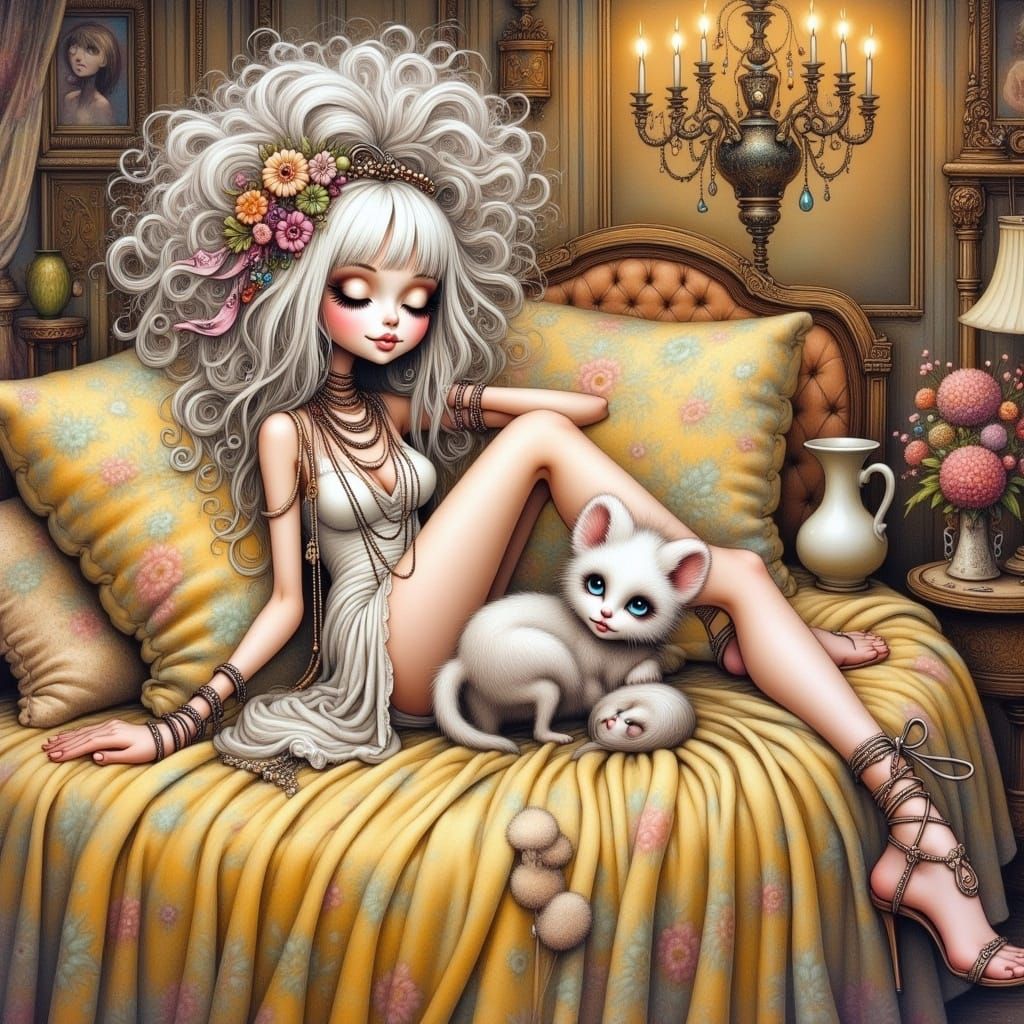 <lora:Whimsical:1.0> A whimsical, delicate woman with messy white hair, adorned with a messy braid and bangs, wearing in...