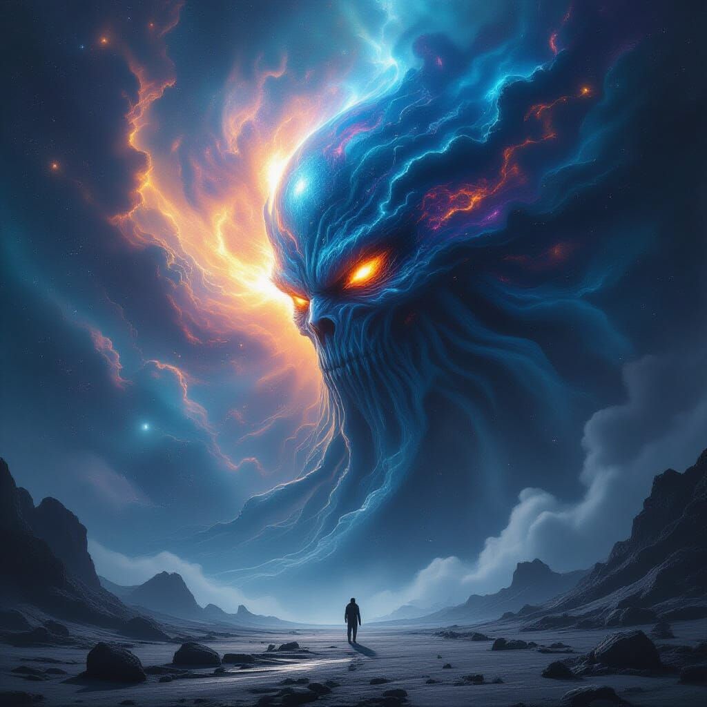 Cosmic Entity Observing Desolate Planet in RAW Photography S...