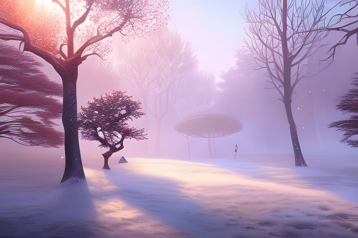 Ethereal Winter Garden Oil Painting in Sunlight