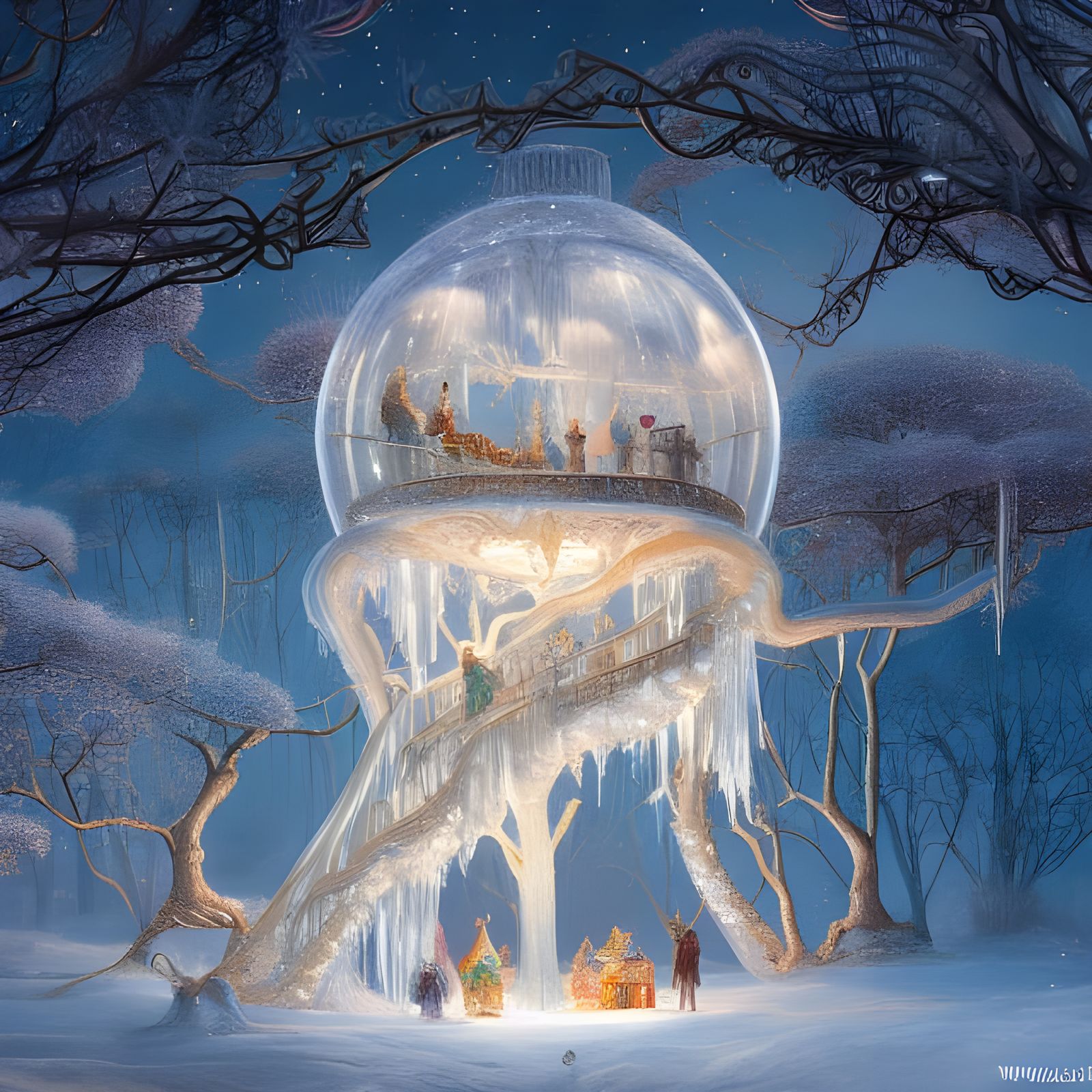 Glass Treehouse in Snow Globe: Digital Illustration