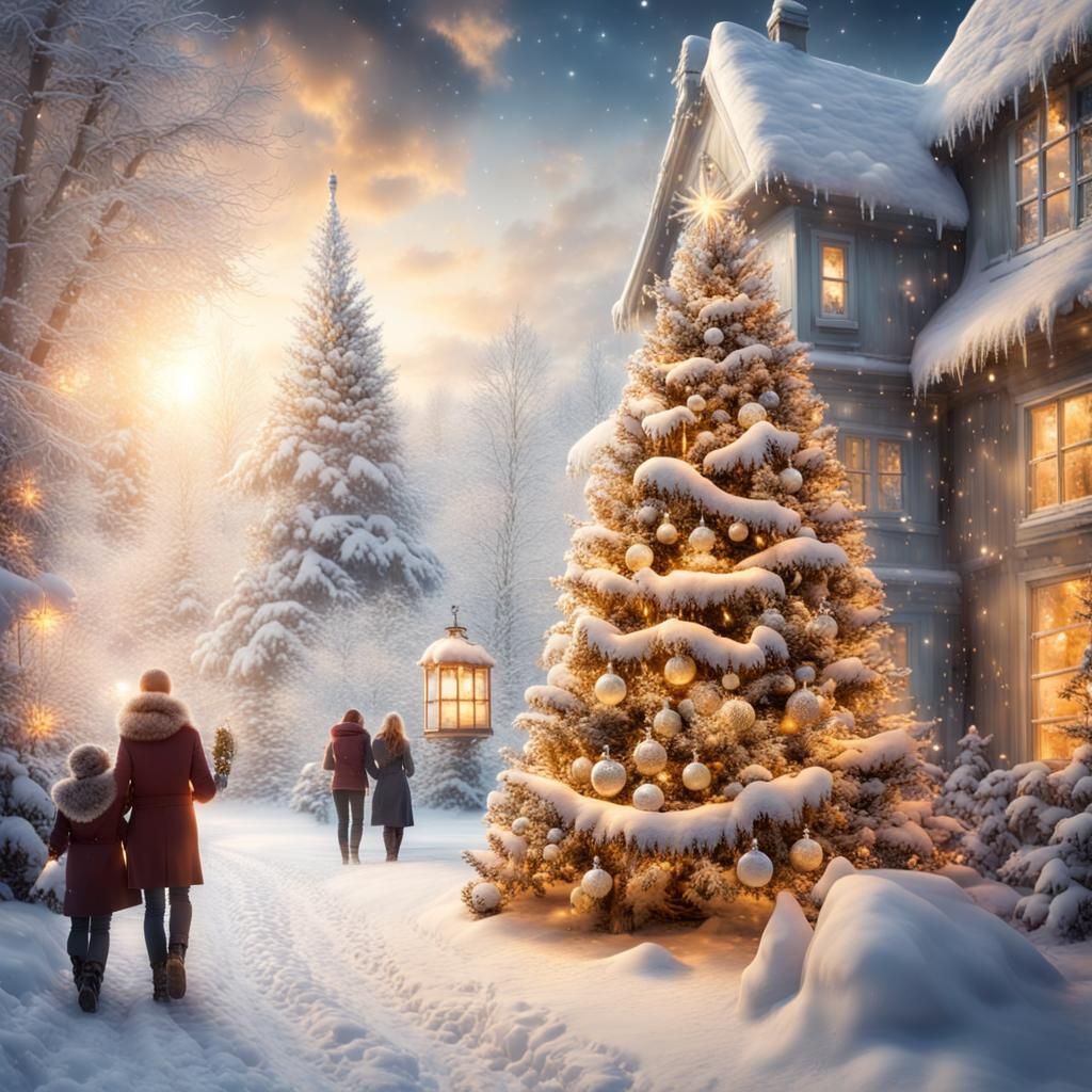 Magical Christmas Winter Wonderland with Cheerful People