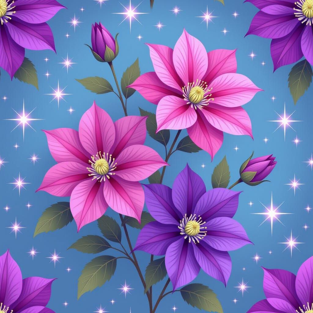 Magenta and Purple Clematis Flowers with Stars