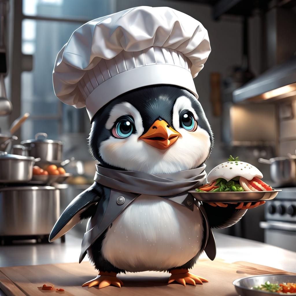 Chibi Biopunk Penguin Chef in Manga Style