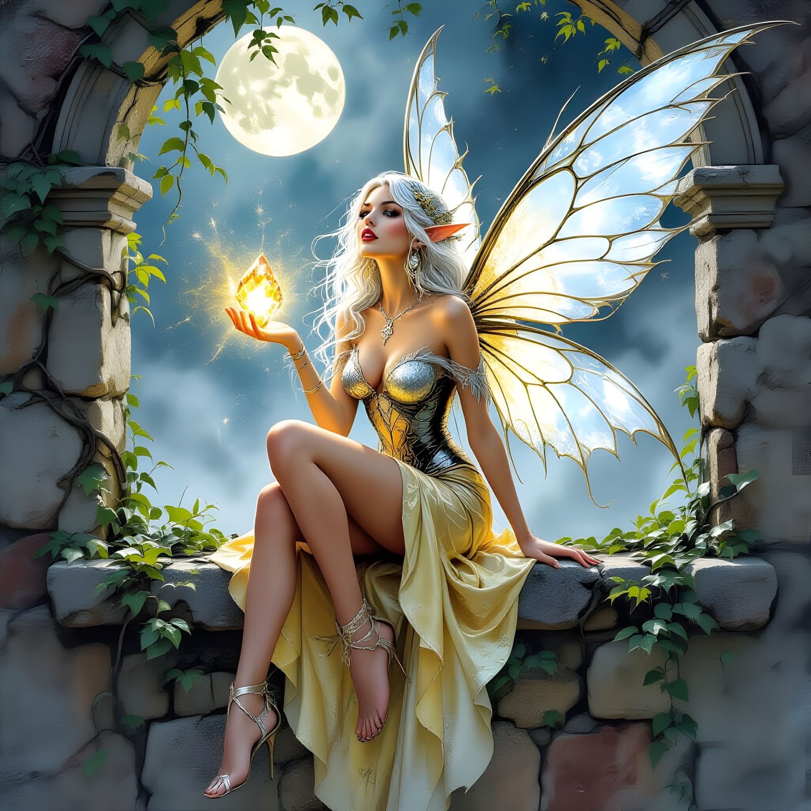Faerie Illuminated by Gemstone Glow in Eerie Moonlight
