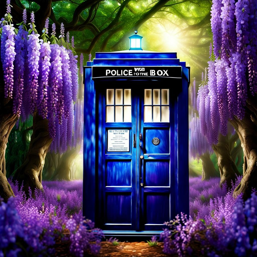 TARDIS Hidden in Wisteria Grove: Photorealistic Fantasy Art