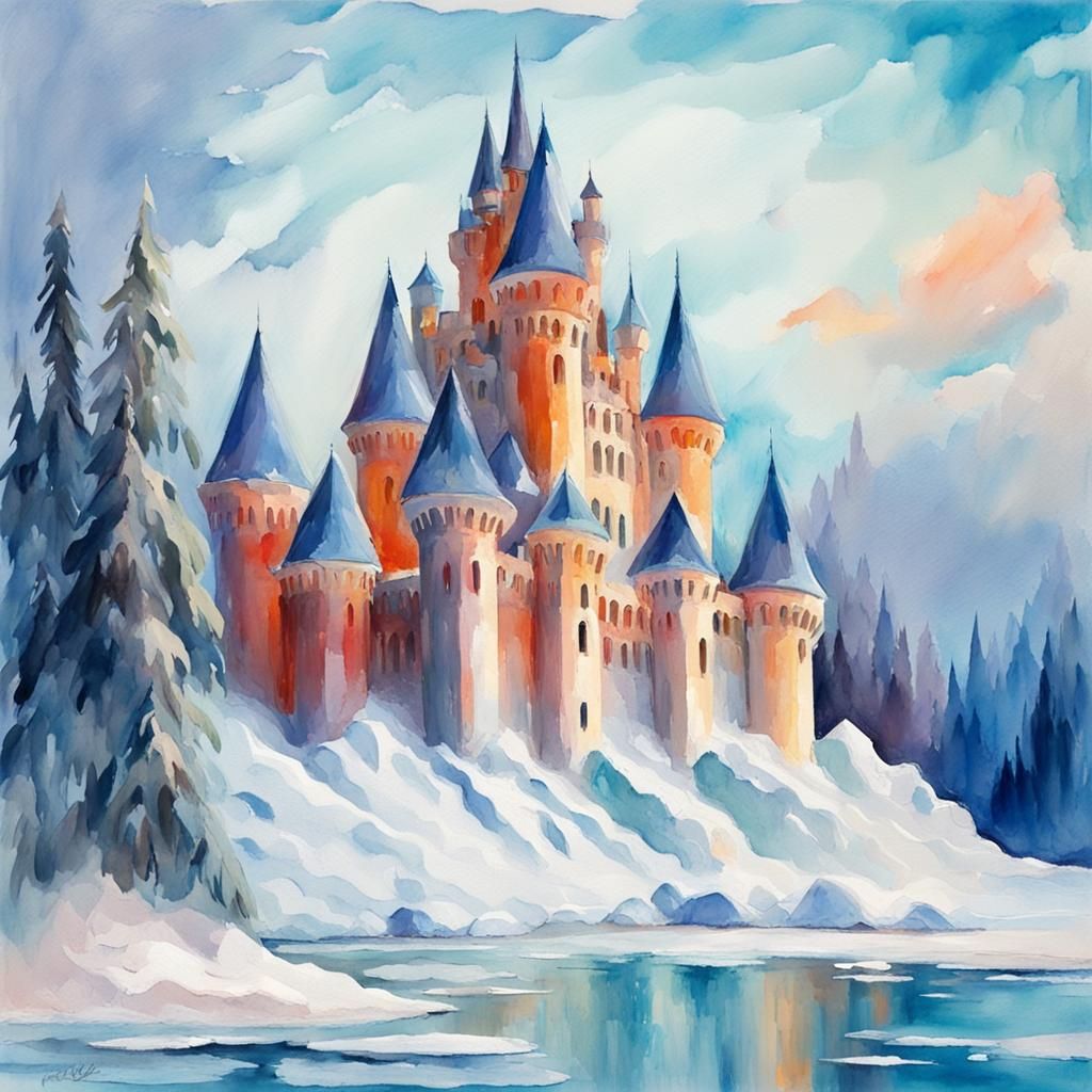 Ice Castle in Gouache Style Watercolor