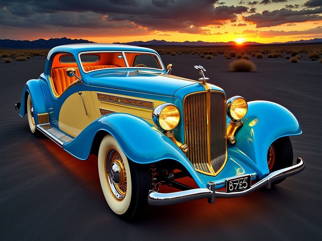 Custom Car on Bonneville Salt Flats at Golden Hour
