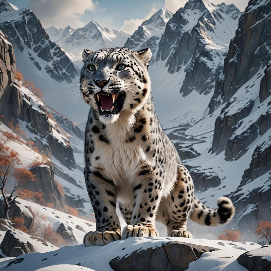 Majestic Snow Leopard Roaring in Snowy Landscape