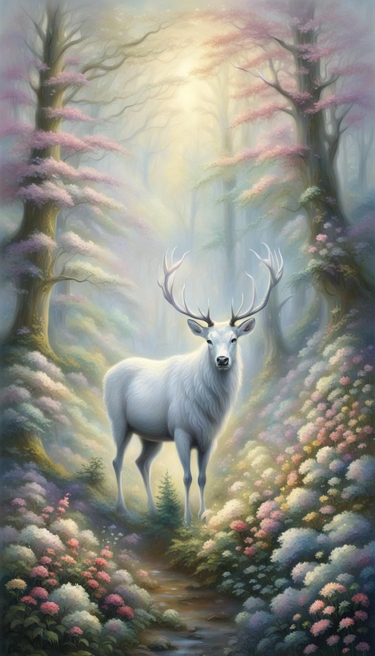 Ethereal White Stag in Foggy Forest