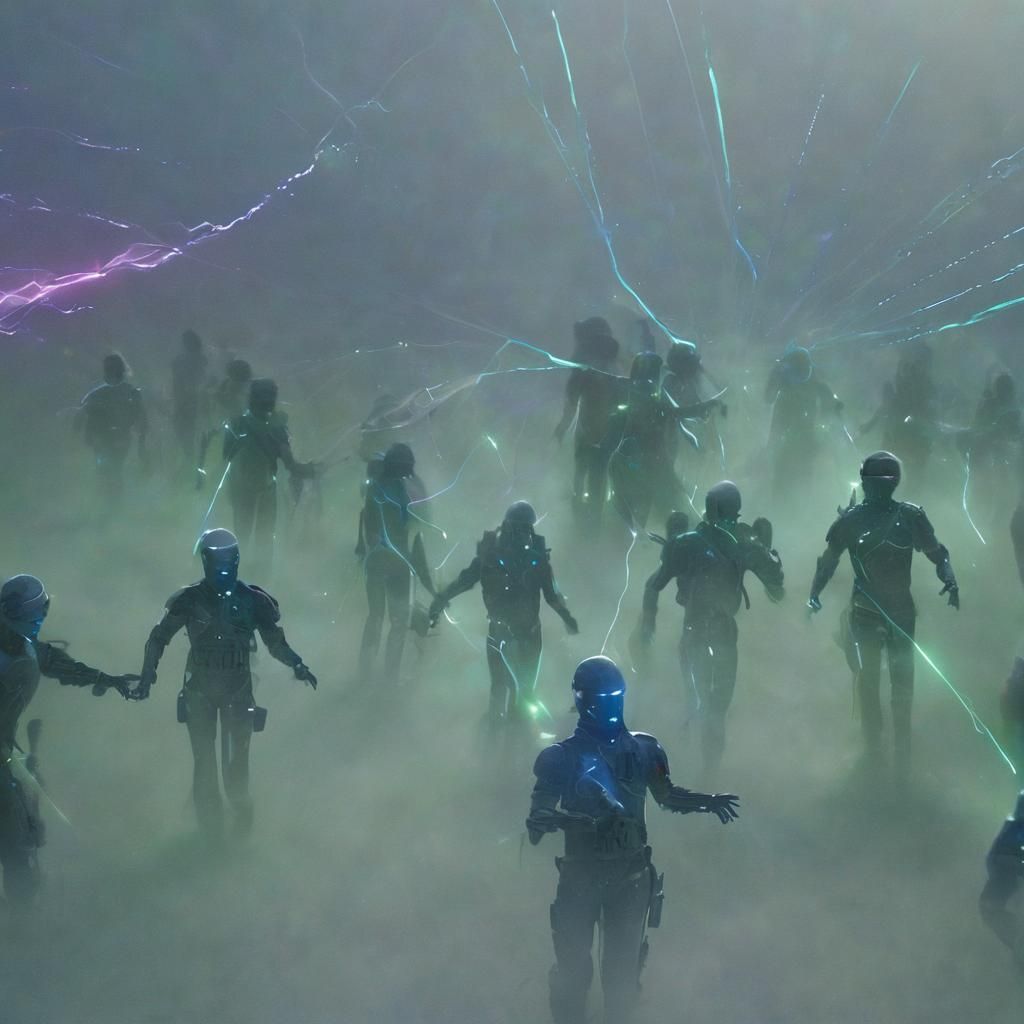 Laser Beings Marching Through Fog: Neon Sci-Fi Art
