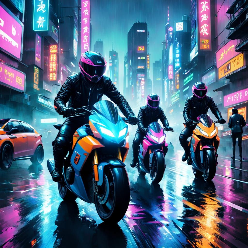 Cyberpunk Motorbike Racers in Neon Tokyo