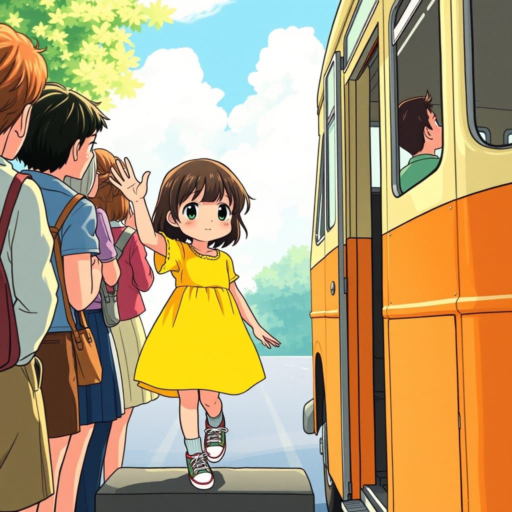 Girl Waving Goodbye in Storybook Illustration Style