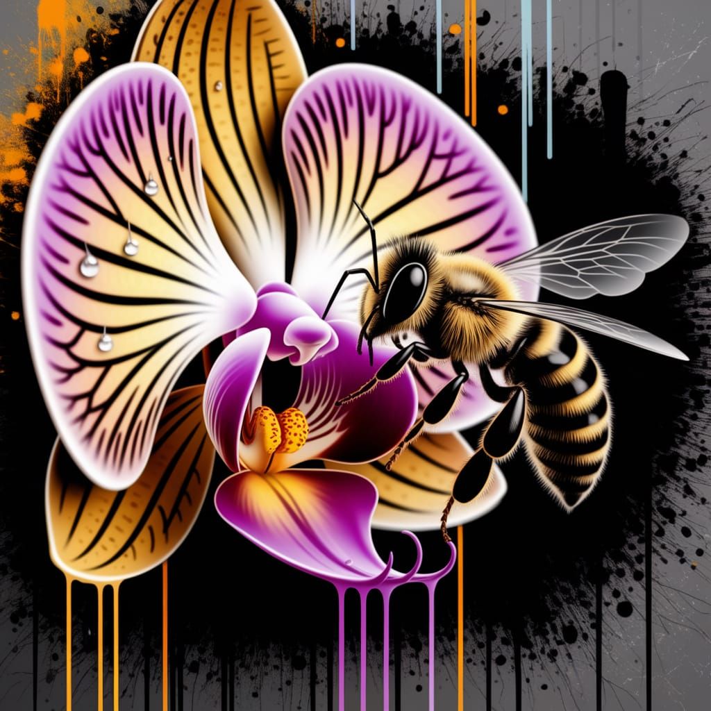 Bee Pollinating Orchid in Graffiti Art Style