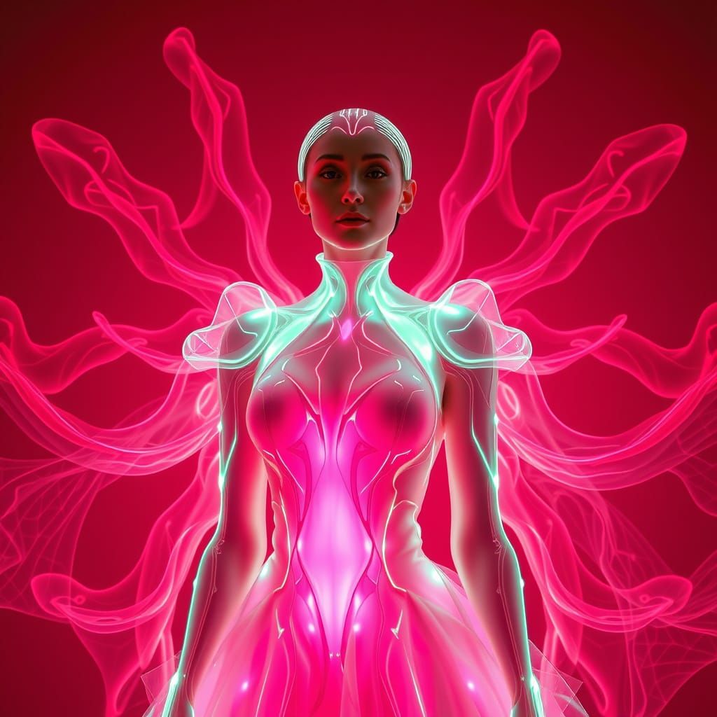 Futuristic Glowing Woman in Rhubarb Dress