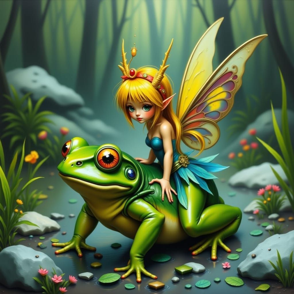 Whimsical Fairy on a Frog in a Futuristic Landscape