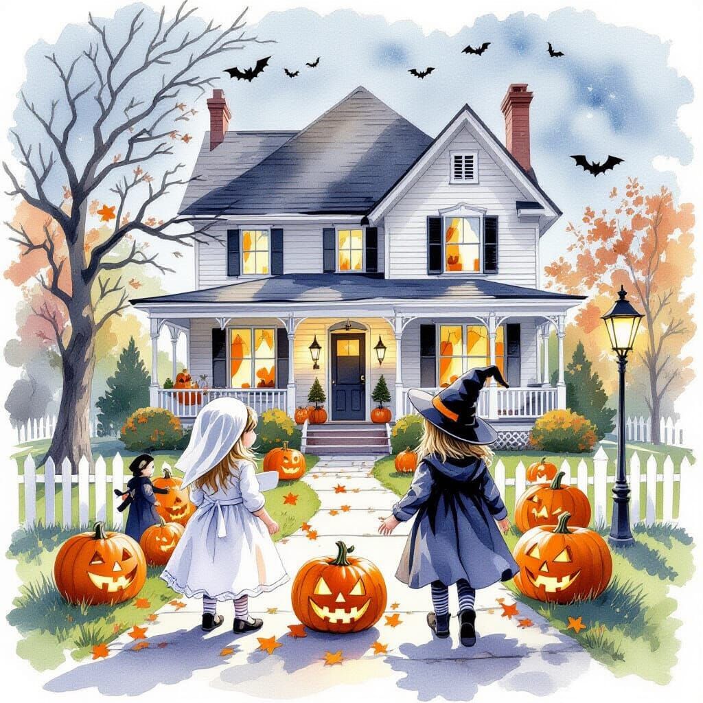 Children Celebrate Halloween at Decorated House