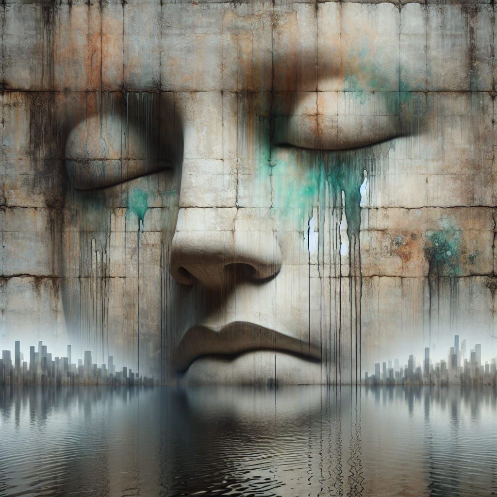 Surreal Face Etched in Weathered Stone Wall