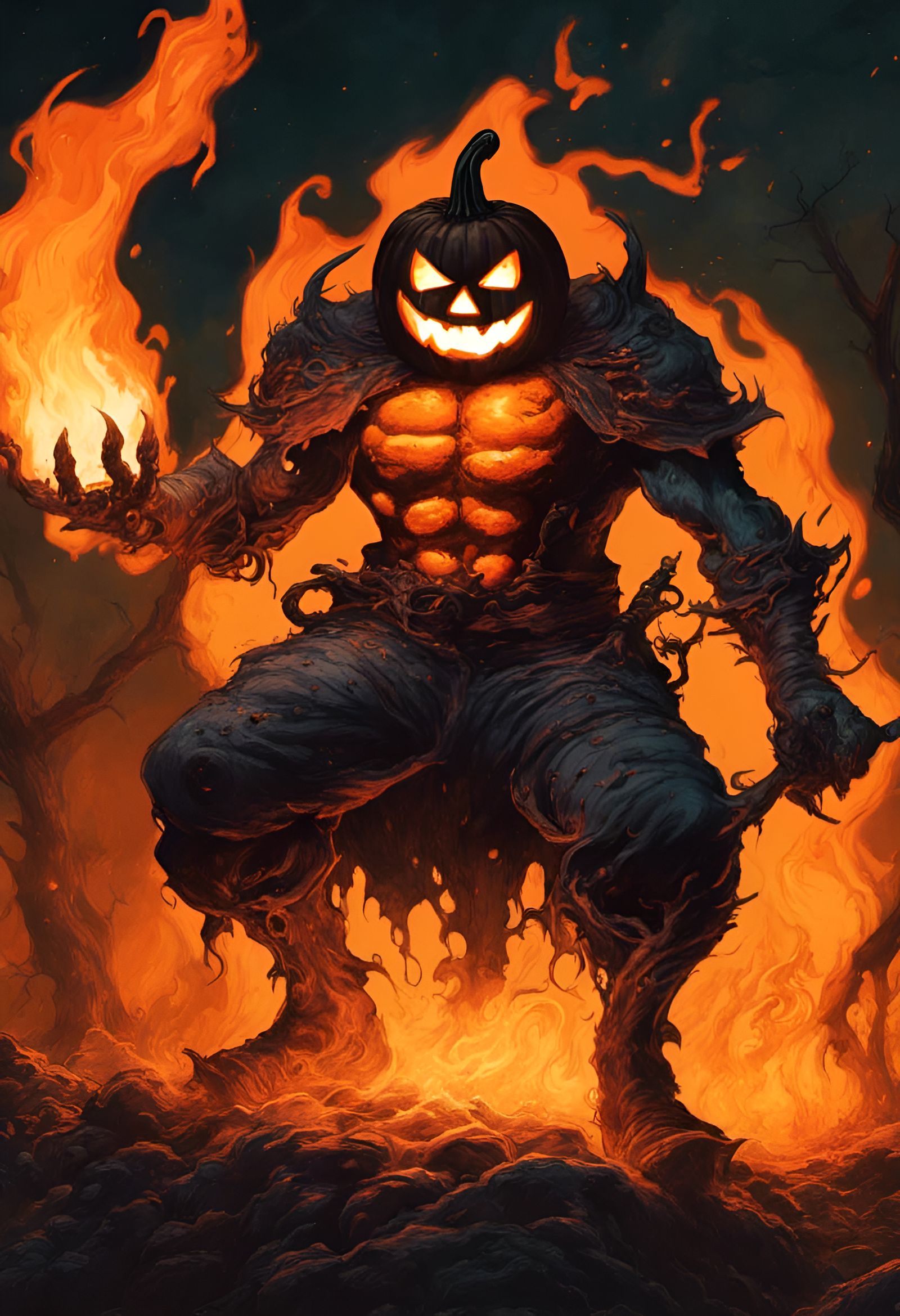 Flaming Jack-o'-Lantern Person in Retrofuturism Style