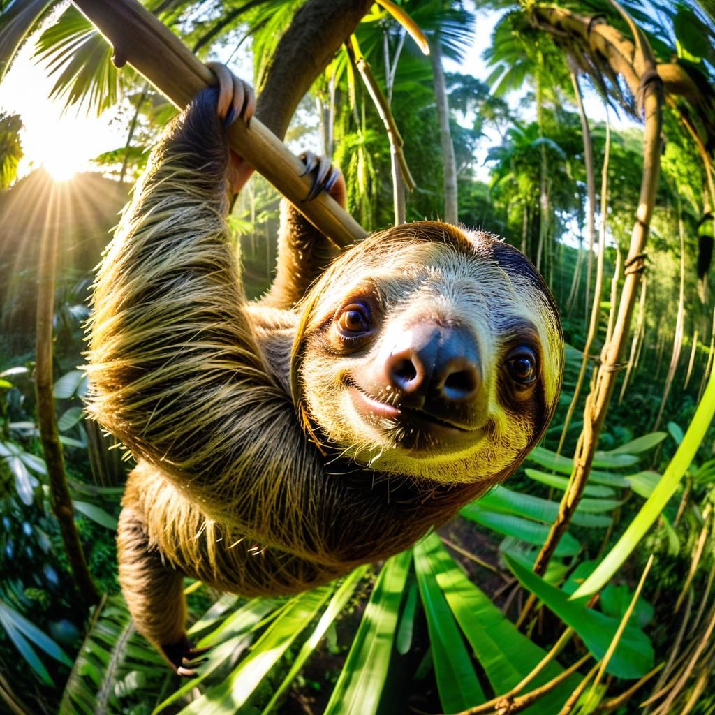 Sloth Selfie in Rainforest: Golden Hour