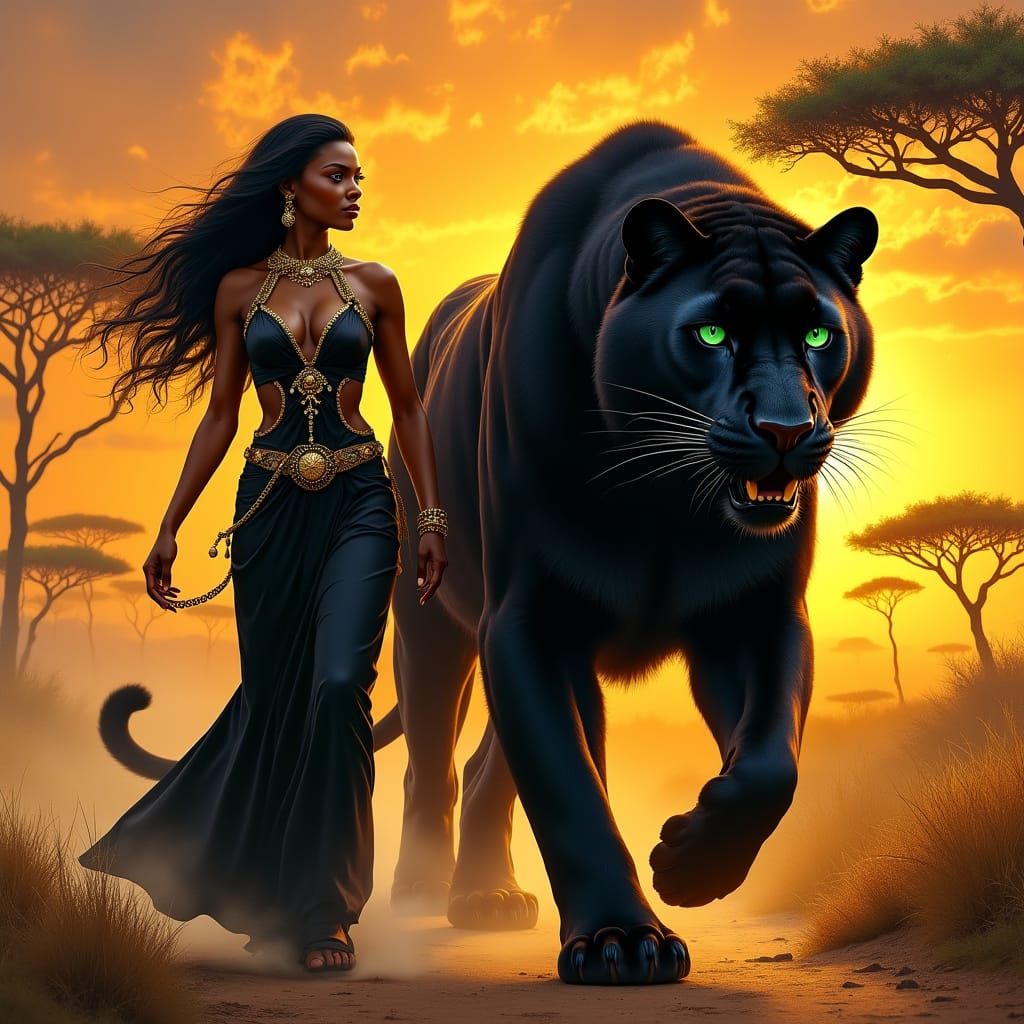 Regal Ebony Lady Surrounded by a Powerful Black Panther in a...