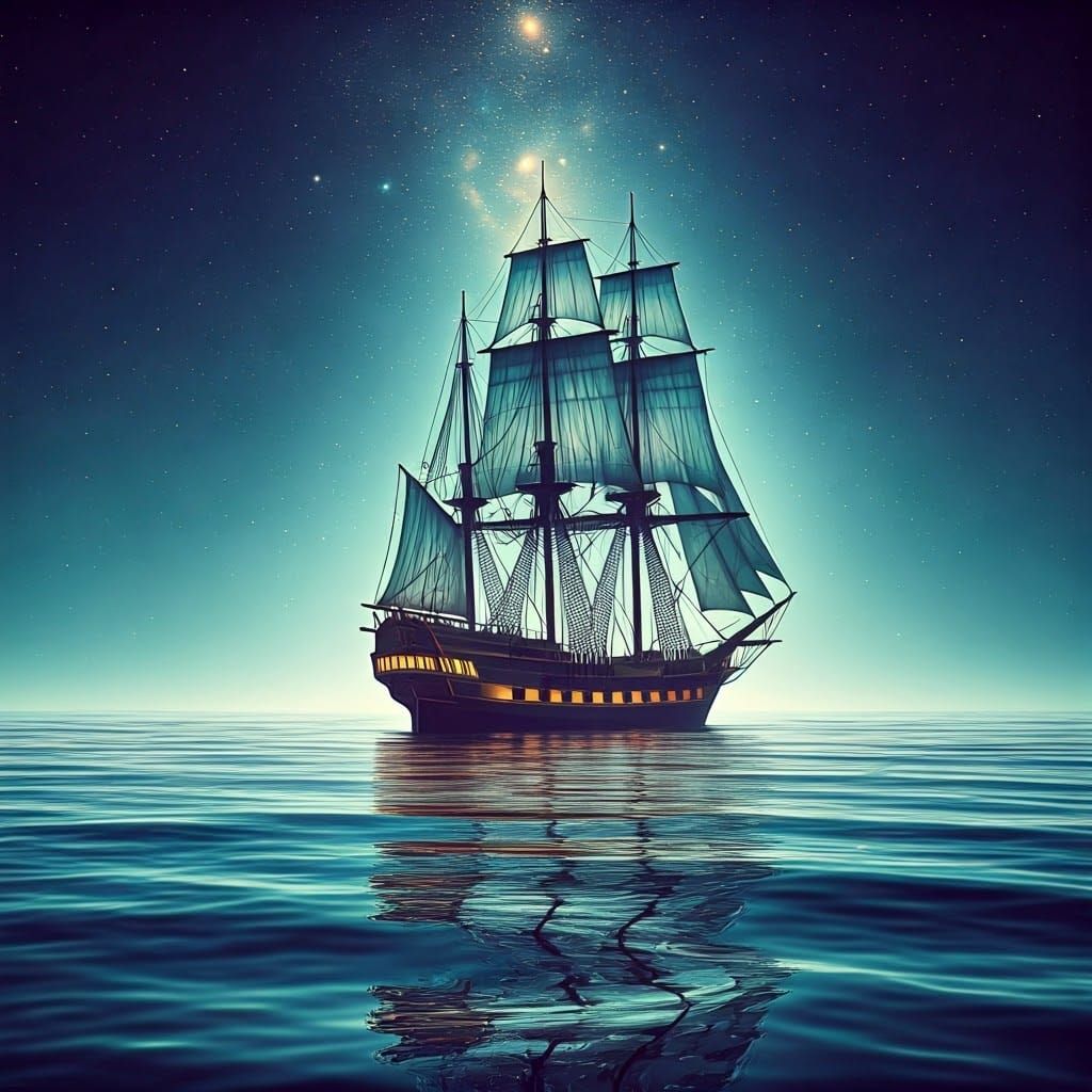 Luminous Ghost Ship Glides Through Iridescent Ocean