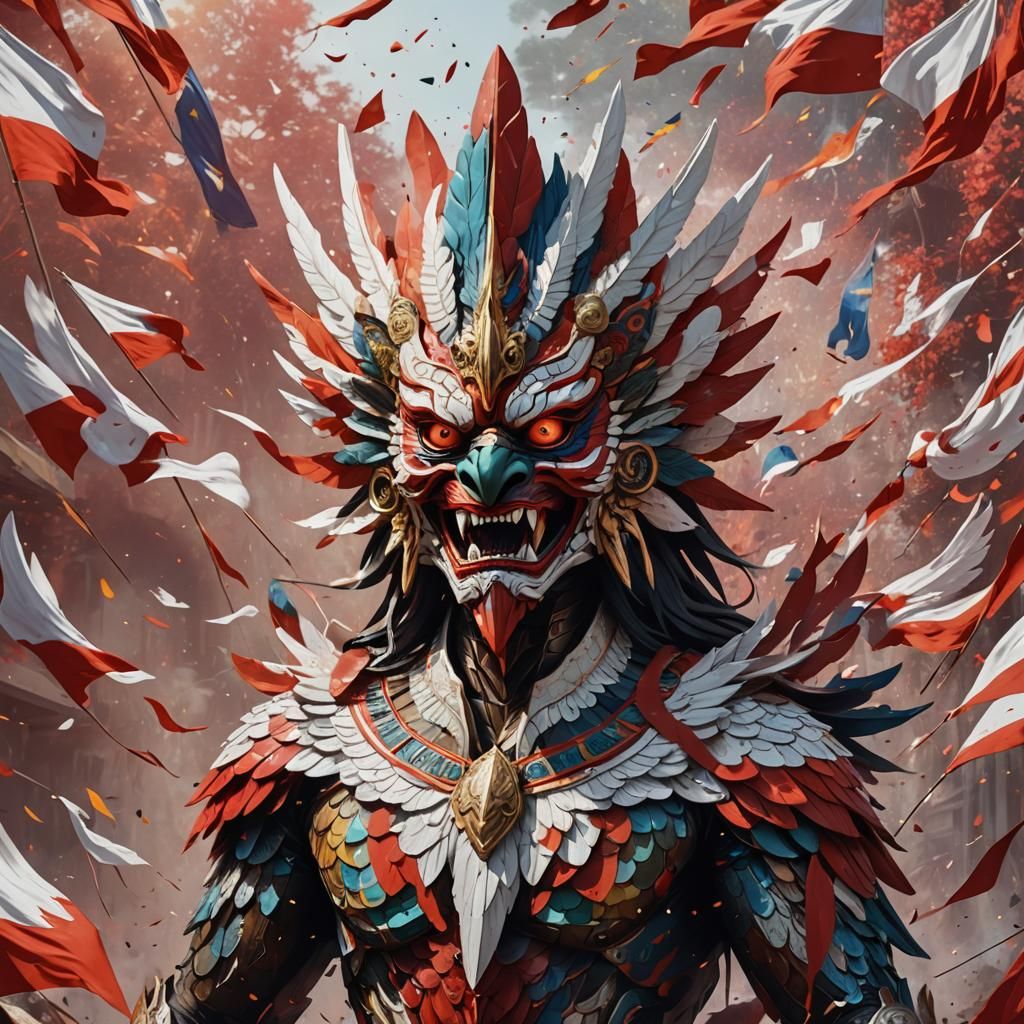 Psychedelic Garuda Pancasila with Flags, Hyperrealistic Art