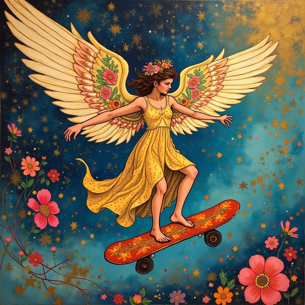 An angel riding a skateboard painted with vivid, swirling fl...